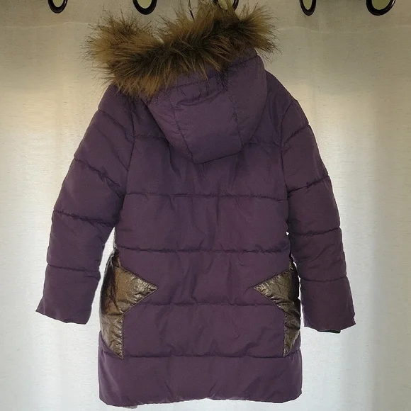Boden Girls Longline Padded Jacket In Purple with Removable Faux Fur Trim Hood - Picture 3 of 11